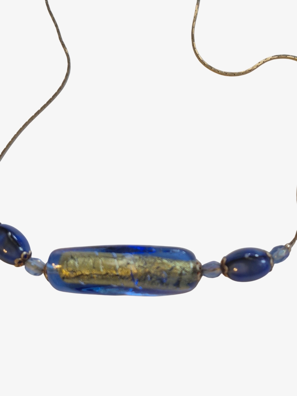 Handmade Blue Glass Bead Necklace with Silver Tone Chain